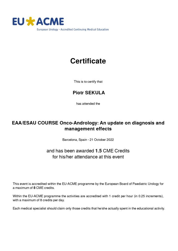 Certiuficate EAA/ESAU COURSE Onco-Andrology: An update on diagnosis and managment effects