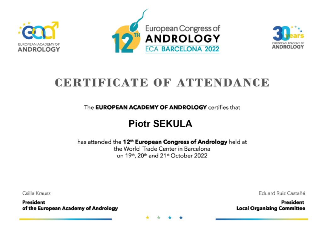 Certificate of attendance The Auropean Academy of Andrology