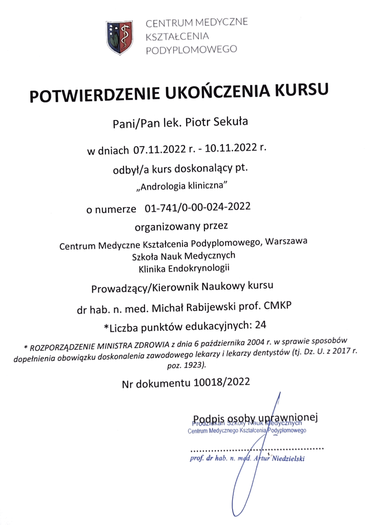 Potwierdzenie ukończenia kursu "Andrologia kliniczna"